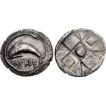 SICILY, Messana (as Zankle). Circa 500-493 BC. AR Drachm (23.5mm, 5.64 g). Dolphin left; DANKLE