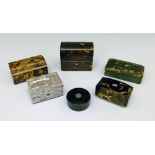 Three small 19th Century tortoiseshell boxes, 6cm, 7cm and 7.5cm wide, a circular tortoiseshell box,