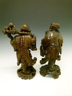 Two 19th Century Chinese carved hardwood figures depicting Fukurokuju, 40cm high and a Rakan, 39.5cm - Image 3 of 9