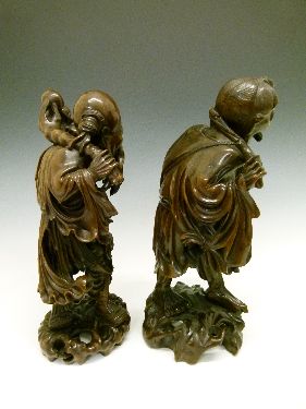 Two 19th Century Chinese carved hardwood figures depicting Fukurokuju, 40cm high and a Rakan, 39.5cm - Image 2 of 9