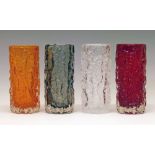 Four Whitefriars Bark vases in Ruby, Tangerine, Pewter and Flint, 19.25cm high  Condition: The clear