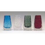 Four Whitefriars Coffin vases in Kingfisher Blue, Ruby, Pewter and Flint, 13cm high  Condition:
