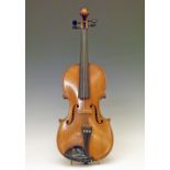 Early 20th Century full size violin having a one piece back together with a bow  Condition: Please