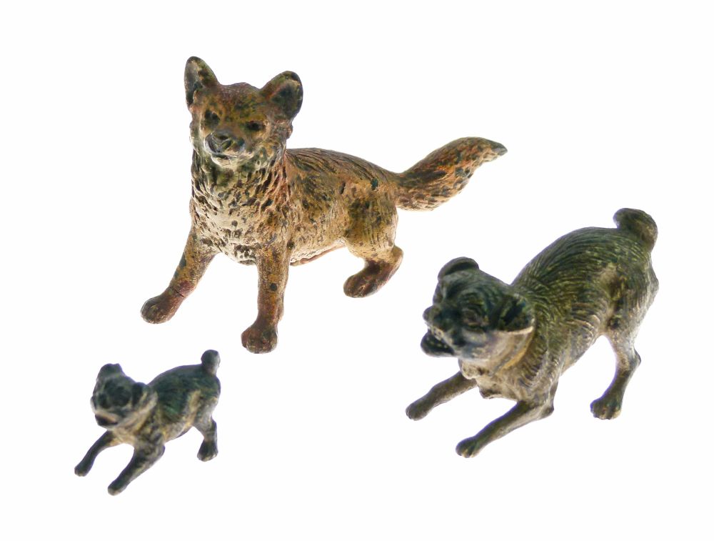 Two 19th Century Austrian miniature cold painted bronze figures of Pugs, 2cm and 4cm long together