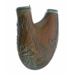 19th Century Continental carved wooden pipe bowl decorated with flags, cannons and a central