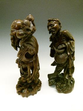 Two 19th Century Chinese carved hardwood figures depicting Fukurokuju, 40cm high and a Rakan, 39.5cm - Image 4 of 9