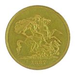 Gold Coin - Victorian gold £5 coin, 1887  Condition: 35mm approx - **General condition consistent