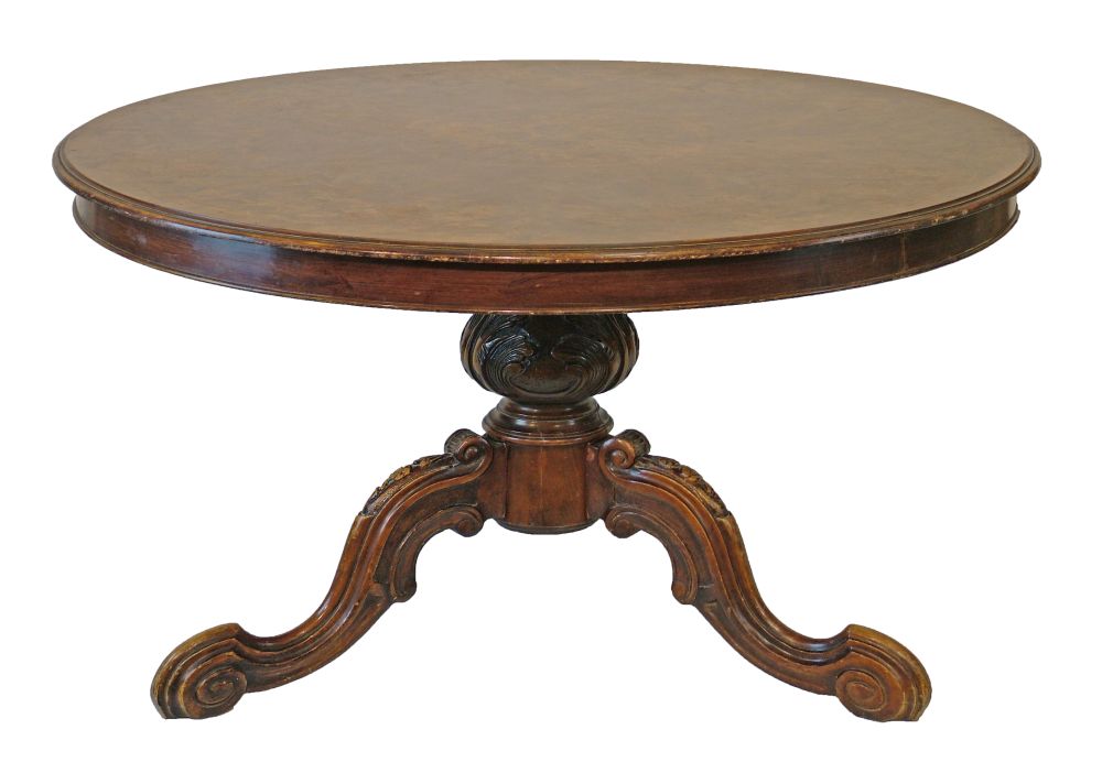 Victorian style marquetry inlaid circular snap top breakfast table having foliate decoration and