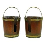 Pair of George III brass bound mahogany plate buckets, each having a swing handle, 36.5cm