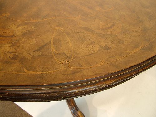 Victorian style marquetry inlaid circular snap top breakfast table having foliate decoration and - Image 4 of 7