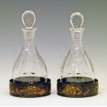 Pair of Georgian style club shaped cut glass decanters, each having a lozenge stopper, 27cm high