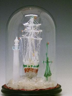 Nailsea type glass frigger in the form of two sailing ships and a lighthouse, displayed beneath a - Image 3 of 8