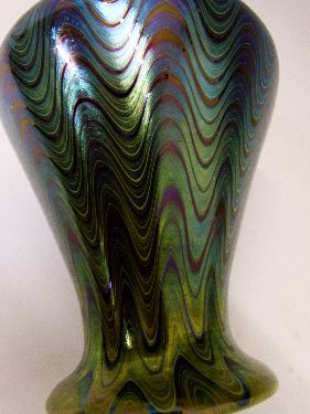 Iridescent glass baluster shaped vase having blue, green and yellow wavy decoration, 19.5cm high - Image 5 of 7