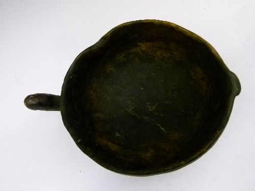 19th Century primitive treen mortar, probably Scandinavian, having a hook handle, 19cm diameter - Image 6 of 7