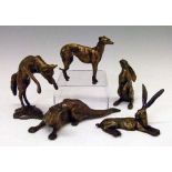 Paul Jenkins - Collection of five bronze animal figures comprising: two hares, a fox, an otter and a