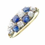 Diamond and sapphire ring, circa 1900, the elongated head alternate chequer board set with six