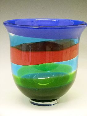 Berit Johansson for Salviati - Modern Murano glass vase with blue, yellow, orange and green banded - Image 2 of 6