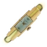 Bolder, Geneve - Spring hinged bangle watch, stamped '750', rectangular dial and case, 14g gross