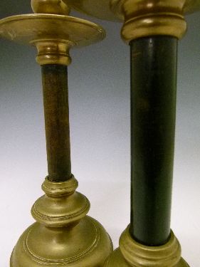 Pair of early 20th Century Skultuna brass and ebonised candlesticks, each having a wide drip tray - Image 5 of 8