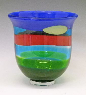 Berit Johansson for Salviati - Modern Murano glass vase with blue, yellow, orange and green banded