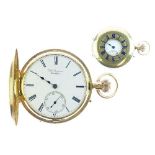 J.W. Benson - 18ct gold half hunter pocket watch, the signed white enamel dial with black hands,