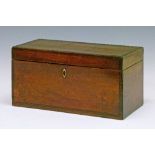 Regency mahogany tea caddy, the hinged cover having an oval inlaid panel, opening to reveal two