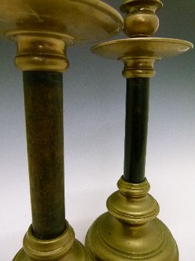 Pair of early 20th Century Skultuna brass and ebonised candlesticks, each having a wide drip tray - Image 4 of 8