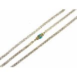 Early Victorian muff chain, the turquoise set barrel clasp to a 107cm long chain, 28g gross