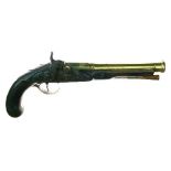 Brass barrelled percussion pistol, converted from flintlock, round three stage barrel belled at