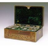 Good Victorian brass inlaid rosewood travelling toiletry box, the hinged cover opening to reveal a