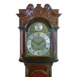 20th Century Chippendale style mahogany cased grandmother clock, the hood with scroll pediment