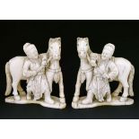 Pair of 19th Century Chinese carved ivory figure groups, each depicting a man holding a horse by its