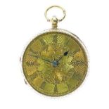 18ct gold open faced pocket watch, Chester 1863, gold dial with gold Roman numerals and black hands,