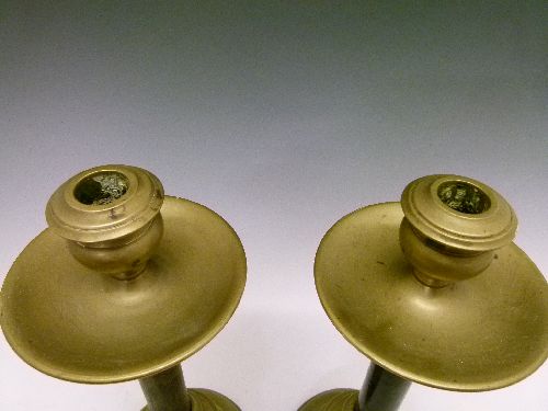 Pair of early 20th Century Skultuna brass and ebonised candlesticks, each having a wide drip tray - Image 3 of 8