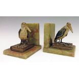Pair of Austrian cold painted bronze and green onyx figural bookends, each formed as a stork perched