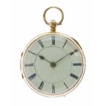 18ct gold open faced pocket watch, London 1883, white enamel dial with black Roman numerals, gilt