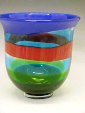 Berit Johansson for Salviati - Modern Murano glass vase with blue, yellow, orange and green banded - Image 3 of 6