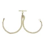 9ct gold watch chain, of uniform solid curb links, with a T bar and two swivels, 36cm long, 28g
