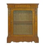 Victorian floral marquetry inlaid walnut side cabinet, the glazed door flanked by cast brass