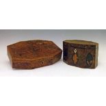 George III yew wood tea caddy of octagonal form, having marquetry inlaid butterfly, floral and shell