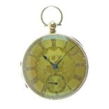 18ct gold 19th Century open faced pocket watch, marks rubbed, gold dial with gold Roman numerals,