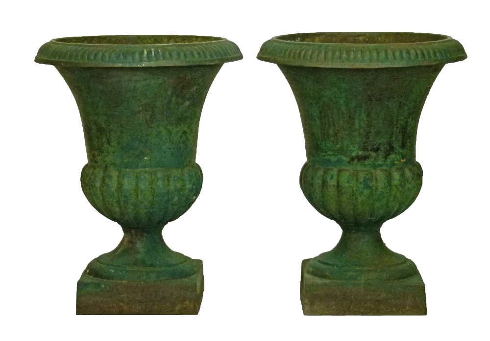 Pair of cast iron garden urns, each having reeded decoration and standing on a square foot, 60cm