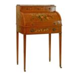 Late 19th Century lady's painted satinwood cylinder front desk, the raised back with brass