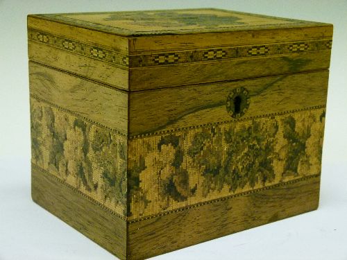 19th Century Tunbridge Ware rectangular tea caddy having floral decoration, the hinged cover opening - Image 5 of 13