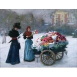 Fernand De Launay (French 1838-1890) - Oil on canvas - A Parisian street scene with flower seller,