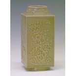 Chinese celadon glazed square shaped vase having prunus decoration in relief, blue painted Yongzheng