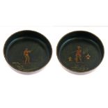 Pair of 19th Century toleware wine coasters having chinoiserie style decoration depicting a farmer