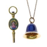 Bell pendant, in royal blue enamel, 1.3cm long, on a chain, in a fitted Goldsmiths & Silversmiths Co