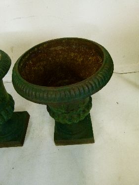 Pair of cast iron garden urns, each having reeded decoration and standing on a square foot, 60cm - Image 5 of 11