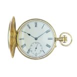 Anonymous - 18ct gold Hunter pocket watch, London 1887, white enamel dial with black hands, Roman